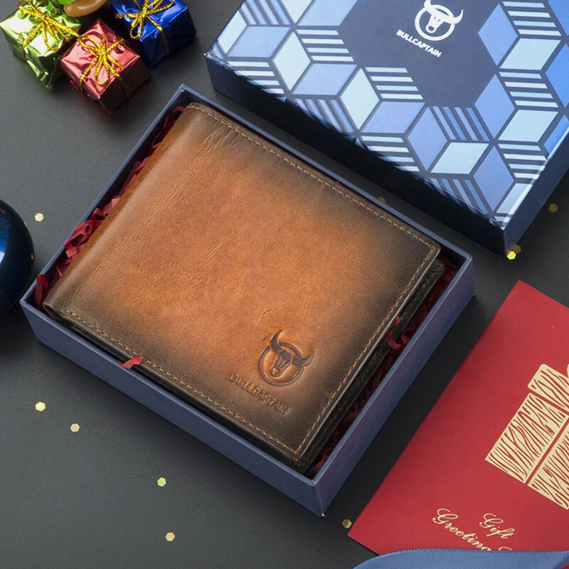 (image for) BULLCAPTAIN Genuine Leather RFID Blocking Wallet for Men, Retro Thin Short Multi-functional ID Credit Card Holder Multiple Card Slots Purse with Gift Box, Gifts To Mens Birthday